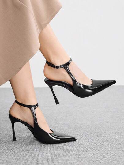 CUCCOO BIZCHIC Royal Sister Style Black Pointed T-Word With High Heels Women's Shoes, Workplace Commuting Versatile Model
