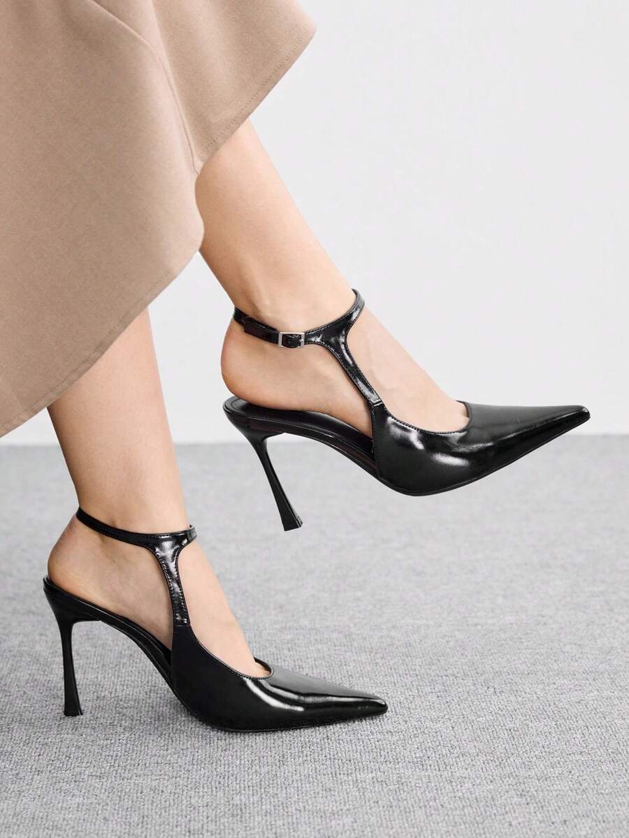 CUCCOO BIZCHIC Royal Sister Style 黑色尖头T字高跟女鞋,适合职场通勤的百搭款式 - 黑色 - 查看 1