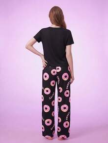 Notgurli Cartoon Doughnut Printed Short Sleeve And Long Pants Pajama Set For Spring/Summer - Black - View 2