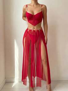 Spicy Aura Set Lingerie Seksi Wanita 3pcs/Set (Dengan Kawat Penyangga, G-String, Rok Mini) - Merah - View 4