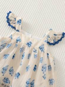 Cozy Pixies 女嬰藍白碎花無袖上衣與短褲套裝，荷葉邊飾，休閒鄉村風，適合春夏季出遊、度假 - 藍白色 - 查看 10
