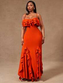 Radiana Red Summer Elegant Sexy Evening Party Wedding Guest Dinner Formal Cocktail Plus Size Women's Multilayered Ruffle Spaghetti Strap Bodycon Dress Boho - Orange - View 7
