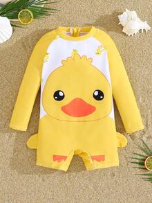 SHEIN Traje de baño de protección solar de manga larga con diseño de pato de color contrastante y diseño de retazos para niño preadolescente, adecuado para vacaciones en la playa, natación, verano - Amarillo - Ver 2