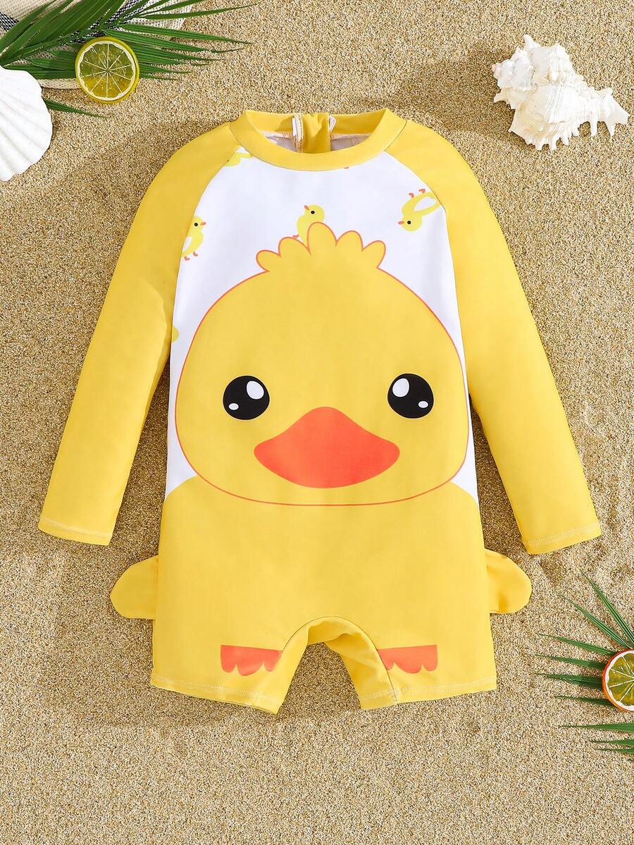 SHEIN Traje de baño de protección solar de manga larga con diseño de pato de color contrastante y diseño de retazos para niño preadolescente, adecuado para vacaciones en la playa, natación, verano