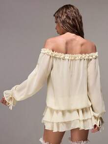 Sweetness Summer Vacation Music Festival Golf Outfit, Sweet Spicy Ruffle V-Neck Off Shoulder Chiffon Dress White Sexy - Beige - View 5