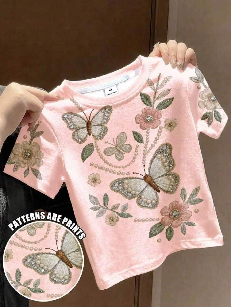 少女壓花 T-shirt,淡粉色夏季校園波希米亞野花短袖上衣,復古植物印花 Tee,可愛 Y2K 風格 - 彩色 - 查看 1