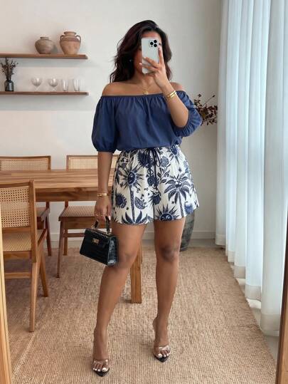 Enliva Bộ jumpsuit họa tiết hoa nhí xanh trắng cỡ lớn dành cho nữ, jumpsuit trễ vai tay ngắn thắt eo, jumpsuit đi nghỉ mát thoải mái, trang phục mùa xuân/hè, đồ đi biển, jumpsuit họa tiết hoa nhí nhiệt đới xanh trắng, jumpsuit trễ vai, váy trễ vai, váy nữ, jumpsuit cỡ lớn dành cho nữ, váy hè trễ vai