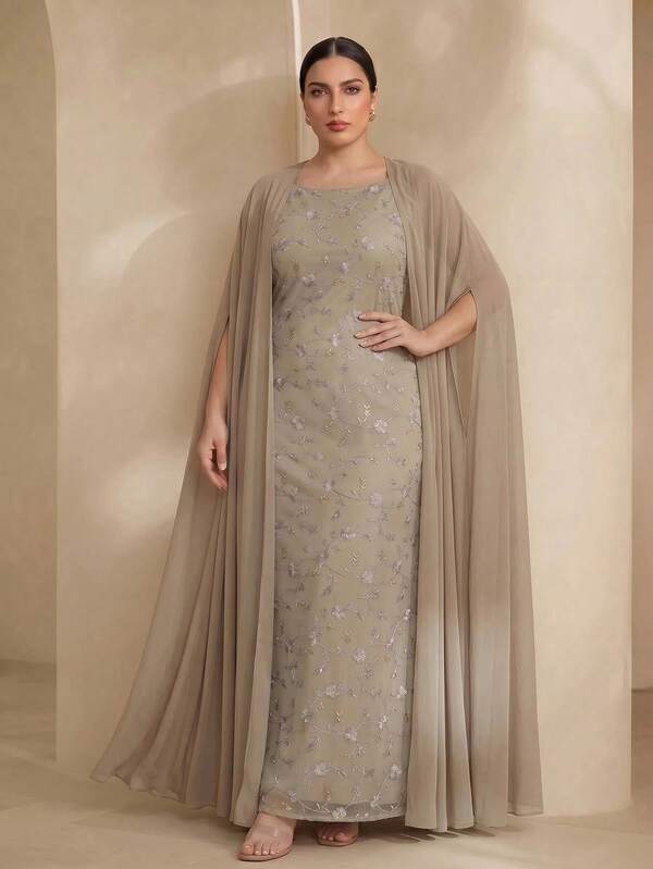 Graceveil Elegant Sequins Beaded 3D Floral Mesh Splice Sleeveless Loose Regular Dress Solid Color Chiffon Batwing Sleeve Loose Plus Size Abaya, Spring/Summer Plus Size 2-Piece Set