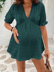 SHEIN Maternity Solid Color Ruffle V-Neck Short Sleeve Casual Shirt - Dark Green - View 8