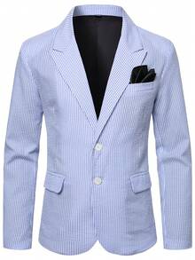Manfinity Mode Men Business Casual Striped Lapel Long Sleeve Button Front Blazer, Ceremony, Formal - Baby Blue - View 5