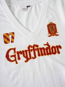 HARRY POTTER X SHEIN Camiseta de mujer de manga corta con cuello en V y estampado de letras, versátil y de moda - Blanco - View 6