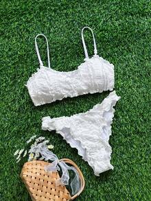 Bellisia Đồ bơi tankini bèo nhún màu trắng cho nữ, bikini dây mảnh phong cách dịu dàng nữ tính, đồ bơi giữ nhiệt cho kỳ nghỉ bãi biển mùa xuân - trắng - Xem 2