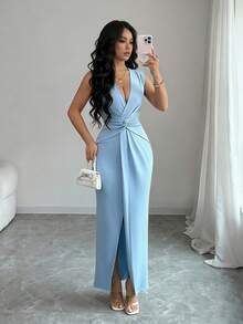 SHEIN PETITE Summer, Holiday, Elegant Party, June Festival, Beach Vacation Dress, Commute, Date, Holiday Outing Outfit, Blue Dress, Sleeveless Deep V Twist Dress, High Waist Slit Fitted Bodycon Dress ,Petite Women - Baby Blue - View 5