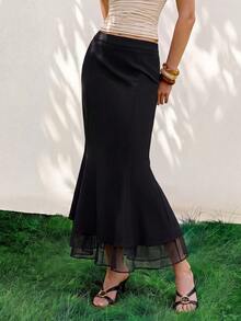 Airaco Women's Elegant Double-Layer Chiffon Mermaid Hem Solid Color Skirt Date Black Autumn - Black - View 6