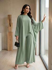 Auveirra Women's Solid Color Asymmetric Hem Shirt And Wide Leg Pants Casual 2 Pieces Set Zoo Outfits Women - Olive Green - View 3