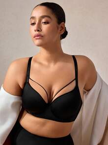 Veilyse Sutiã multifuncional preto plus size Peach Girl, modelo Plus Size, com bojo fino, confortável e respirável, com aro para levantar e modelar o corpo. - Preto - Ver 3