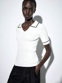 Lumivelle Elegant Classy V-Neck Contrast Trim Knit Top Back-To-School Office Black And White Summer - Beige - View 7