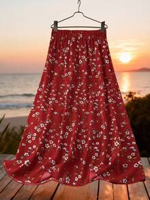 SHEIN LUNE 女款熟齡碎花印花高腰長裙 - 紅色 - 查看 6