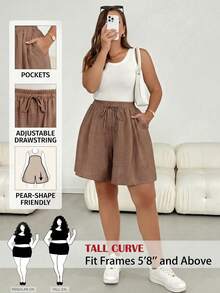 SHEIN Tall CURVE Quần short kaki dáng rộng thoải mái, dễ phối đồ dành cho nữ cỡ lớn, cạp chun, kiểu dáng tối giản, thích hợp cho hoạt động ngoài trời, dáng suông, phong cách mùa hè châu Âu, thời trang sân bay, phong cách Bohemian, nghỉ dưỡng, quần short ôm dáng, phong cách cổ điển sang trọng, quần short thoải mái, quần short rộng rãi, quần short Bermuda. - Màu Khaki - Xem 3