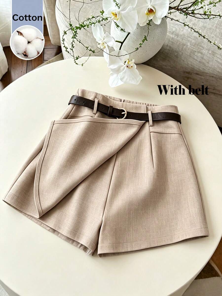 Franclia Quần short nữ kiểu Pháp, màu trơn, kiểu dáng thường ngày, có thắt lưng. - Màu Khaki - Xem 1
