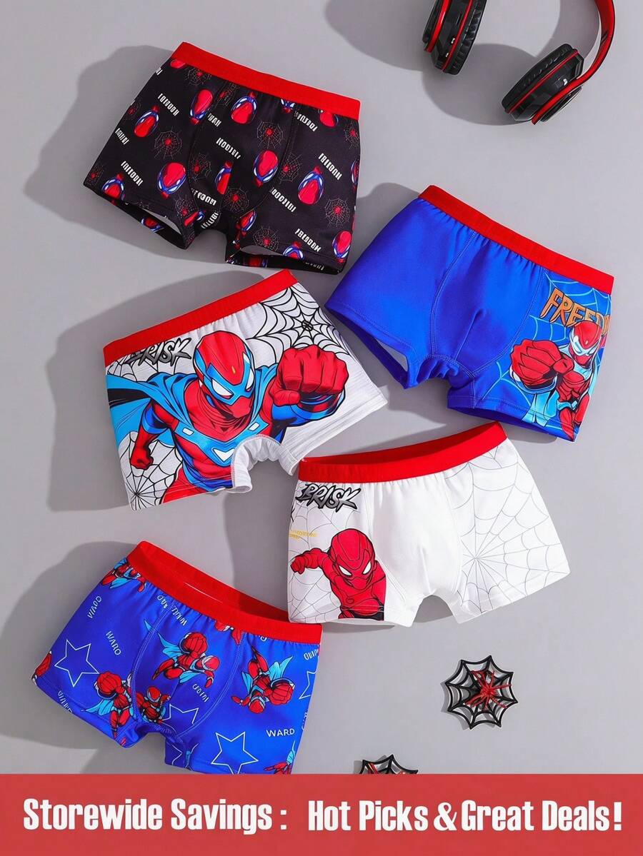 SHEIN 5条装 男童多色蜘蛛侠和超级英雄印花基础款平角内裤 - 彩色 - 查看 1