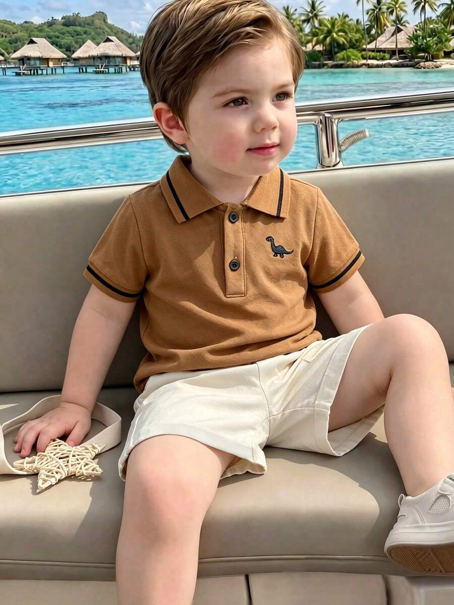 Souflis Souflis Baby Boy Dinosaur Embroidered Short Sleeve Polo Shirt And Shorts Casual Daily Outfit - Brown - View 1