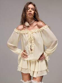 Sweetness Summer Vacation Music Festival Golf Outfit, Sweet Spicy Ruffle V-Neck Off Shoulder Chiffon Dress White Sexy - Beige - View 4