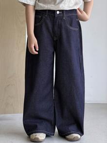 DAZY Quần jeans dài dáng suông, túi xéo, màu denim tối, thời trang dành cho bé trai tuổi teen. - Màu xanh hải quân - Xem 5