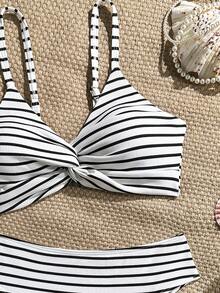 Swim SXY Women's Summer Beach Striped Twist Design Sexy Bikini Swimwear Set - Black and White - View 4