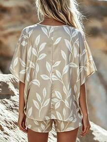 EMERY ROSE Minimalist Boho Leaf Print Plus Size Short Sleeve Shorts Set Vacation Beige Summer Beach - Khaki - View 2