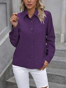 EMERY ROSE Camisa casual/de trabajo de mujer de unicolor, de manga larga y de abotonadura sencilla - Morado - Ver 5