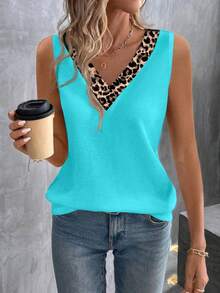 EMERY ROSE Women's Fashion Casual Versatile Contrast Collar Leopard Print V-Neck Tank Top - Multicolor - View 3