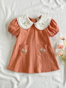 Vintaside Kids 新生女嬰花卉刺繡洋裝，鄉村風時尚優雅百搭可愛，春夏款柔軟面料 - 卡其色 - View 4