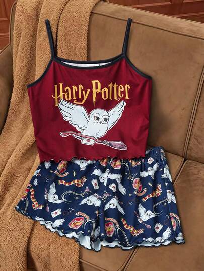 HARRY POTTER X SHEIN Tween Girl Owl Print Camisole And Shorts Pajama Set,