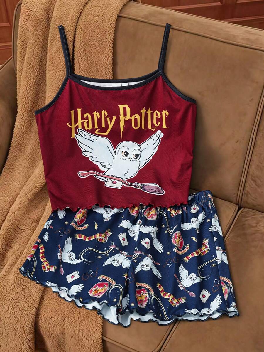 HARRY POTTER X SHEIN 少女猫头鹰印花吊带背心和短裤睡衣套装 - 紅色 - 查看 1