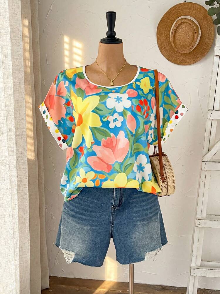 Plus Size Floral Print Batwing Sleeve Shirt, Suitable For Summer Vacation Summer Summer Outfit For Women Festival Outfits For Women Beach Outfits For Women Vacation Outfits Women Holiday Outfits  For Women Country Floral Top