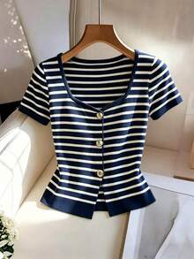SHEIN LUNE Women's Spring/Summer Tops, Holiday, June Festival Outfit, Vintage Casual Elegant Blouse, Commute Office Outing Wear, Vacation Outfit, Round Neck V-Neck Women's Tops, Striped Contrast Navy Blue & White Blouse, Short Sleeve Metal Button Women's Knit Cardigan - Blue and White - View 3
