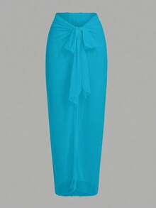Swim Oasis One-Piece Swimsuit With Solid Color Ruched Mesh Panel And Sarong Skirt - Blue - View 4