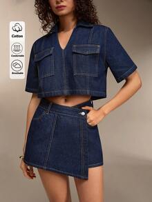 EURMUSE Conjunto casual feminino composto por top cropped de manga curta com bolso utilitário e saia jeans assimétrica. - Lavagem escura - Ver 8