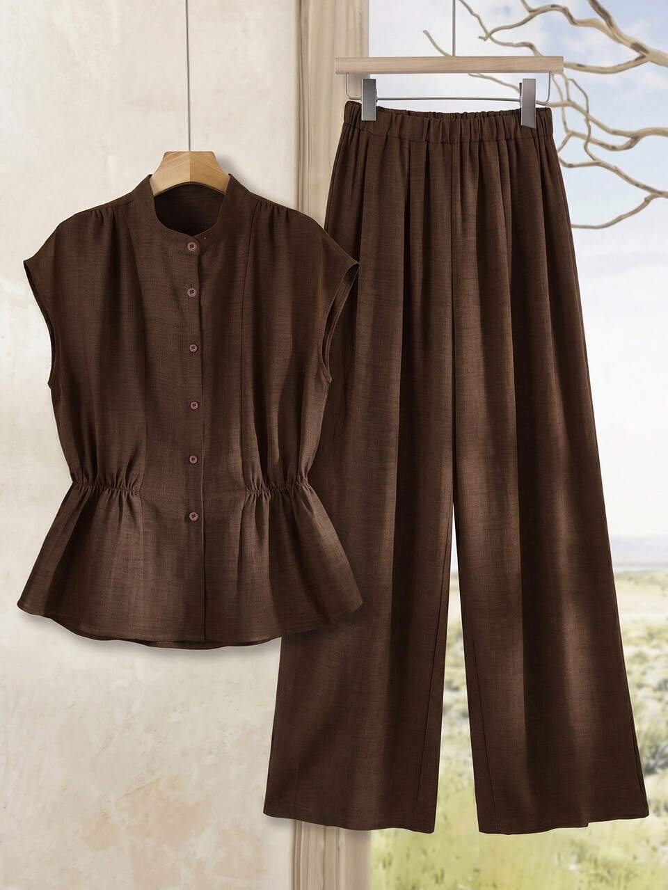 Plus Size Women 2 Pieces Set: Solid Color Shirt Wide Leg Pants Summer Outfit For Women Formal Vacation Brown Casual Smart Casual Vacation Vacation