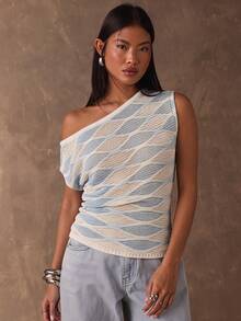 SHEIN BAE Aqua Blue Chic Women's Rhombus Pattern One Shoulder Fitted Knit Top,Summmer Brunch Casual Asymmetrical Striped Vest For Music Festivals,Beachwear - Multicolor - View 3