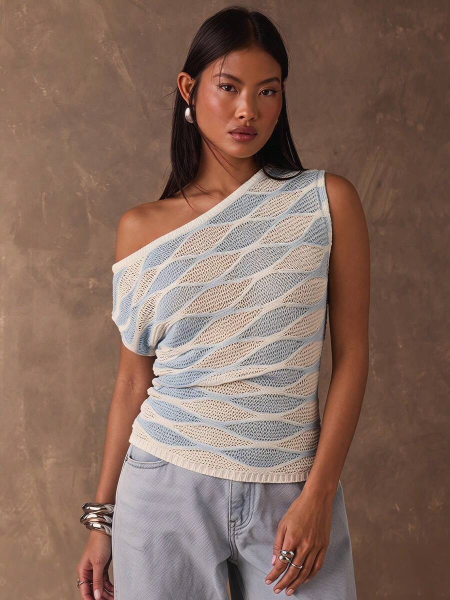 SHEIN BAE 女士常规菱形图案肩部修身针织上衣 - 彩色 - 查看 1