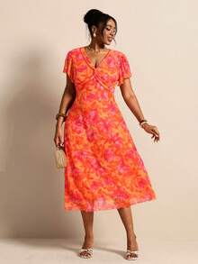 Elaquor Vestido de lunares con cuello en V romántico minimalista retro de talla grande para mujer - Multicolor - Ver 3