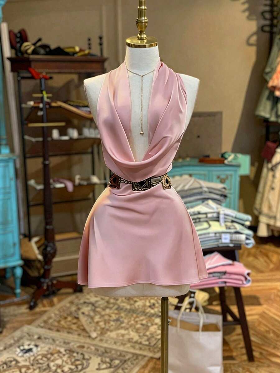 NostaNoir Abito da donna con scollo drappeggiato, senza schienale, alla moda, adatto per appuntamenti e feste - Rosa - Visualizzare 1