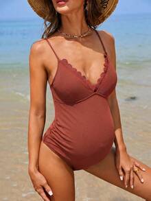 Momance Pregnant Women's Simple Solid Color Ruffle Trim One-Piece Swimsuit, Suitable For Beach & Holiday - Brown - View 3