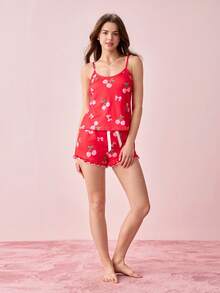Bonmuse Damen Kirschgrafik Cami-Top mit Schleifenbändern und Rüschen-Details an Shorts, Sommer Pyjama-Set - Verschiedenfarbig - Übersicht 6