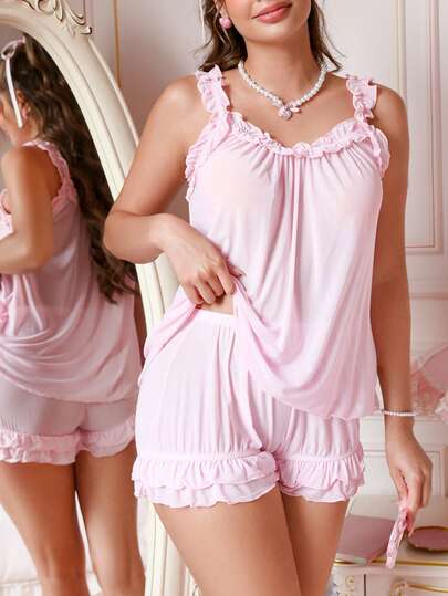 PetitDoll Damen süßes, lässiges Rüschen-Trim Trägerhemd & locker sitzender Mesh-Rosa Pyjama-Set