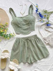 Conjunto de 2 piezas de camiseta sin mangas y pantalones cortos de unicolor casual para vacaciones de mujer - Verde - Ver 6