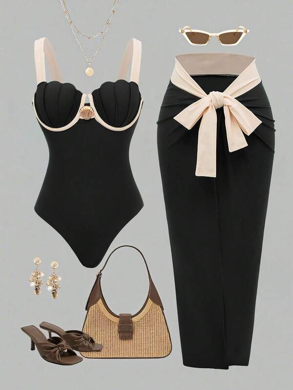 Swim Oasis 2026 Spring/Summer Women's Beach Vacation Casual Retro Luxury Contrast Color Metal Shell Decor Backpack, Shell Cup Attached Halter & Skirt Side Tie Skirt High-End 2-Piece Jumpsuit Set, Two Piece Swimsuit, Zestiva Swimsuit