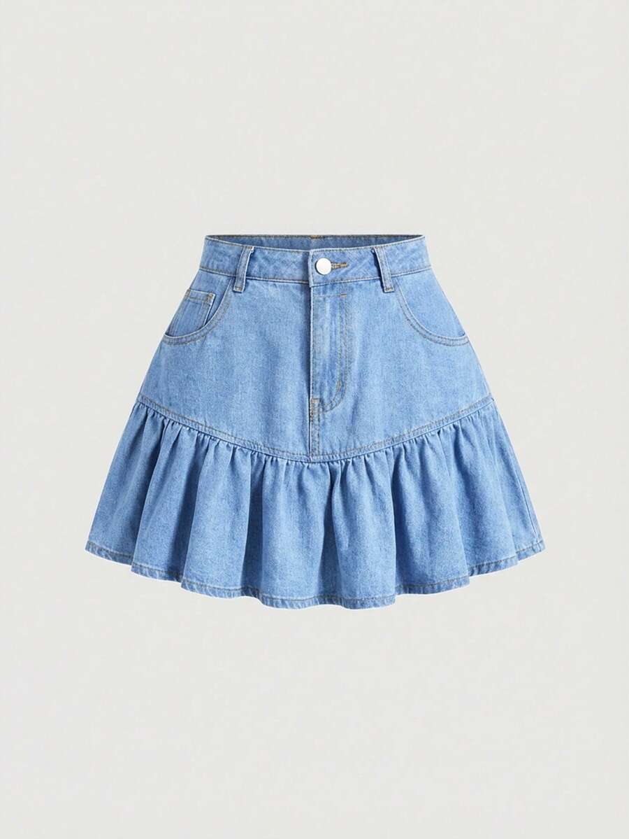 SHEIN MOD Falda vaquera casual y versátil con volante en el bajo para mujer - Lavado ligero - Ver 1